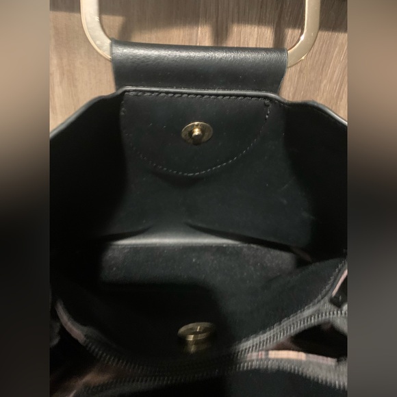 Modern Black Pebbled Leather Handbag - Gold Square Top Handle Satchel Purse - Picture 7 of 8